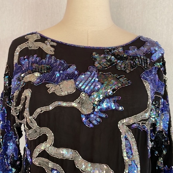 Vintage Chanson D’Amour 100% silk floral embroidered sequin top 3/4 sleeve - Picture 2 of 9